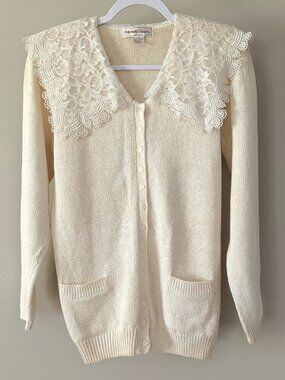 Vintage lace sailor collar cardigan twee 80s 90s grandma style sz S/M